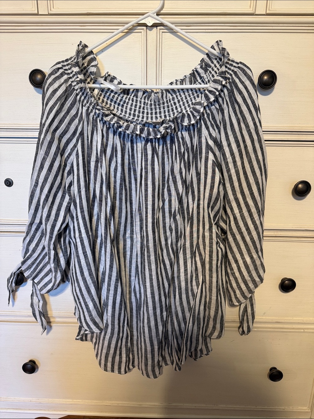 Michael Kors Black and White Striped Smocked Neck Blouse